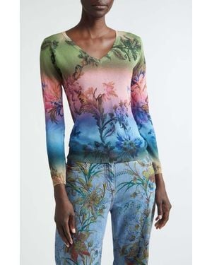 Etro Metallic Floral Ombré V-Neck Sweater - Blue