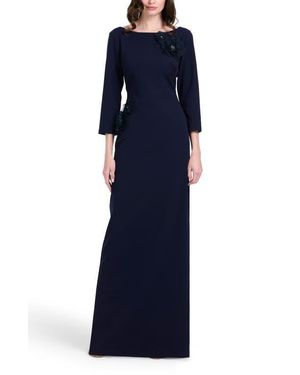 EMILY SHALANT Stretch Crepe Floral Appliqué Gown - Blue