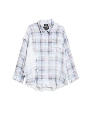 R13 Shredded Seam Drop Neck Plaid Flannel Button-Up Shirt - White