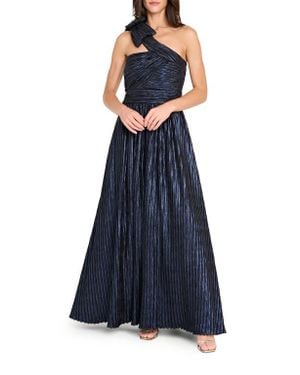 Tahari One-Shoulder Crinkle Evening Gown - Blue