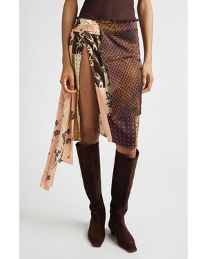 Siedres Zoe Patchwork Print Satin Skirt With Sash - Brown