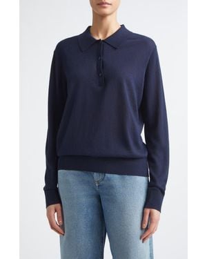 Loulou de Saison Miles Long Sleeve Cashmere Polo Sweater - Blue