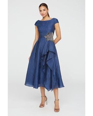 THEIA Caity High Low Cocktail Bateau Neck Jacquard Dress - Blue