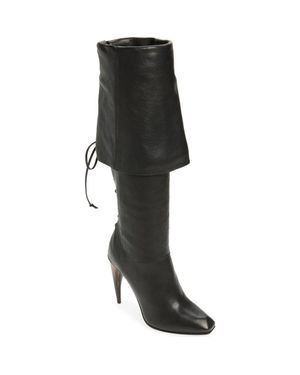 McQueen Lace-Up Cuff Horn Heel Knee High Boot - Black