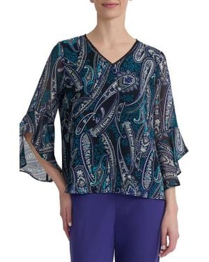 Kasper Print Ruffle Sleeve Top - Blue