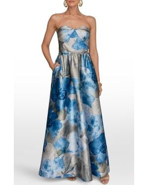 Donna Karan Floral Print Strapless Satin Gown - Blue