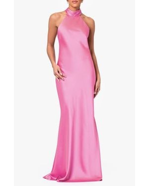 Xscape Evenings Halter Neck Satin Sheath Gown - Pink