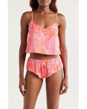 Kilo Brava Print Crop Camisole & Flutter Panties Set - Red