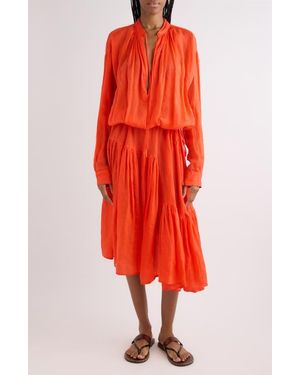 Dries Van Noten Long Sleeve Ramie Mousseline Split Neck Dress - Red