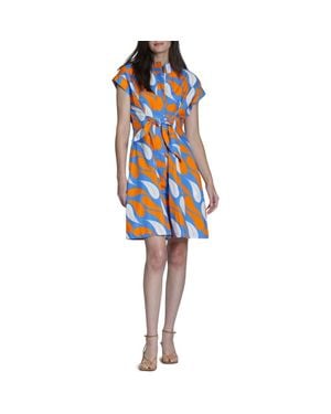 Apny Floral Print Belted A-Line Dress - Blue
