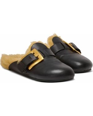 Balmain Flat Leather And Faux Fur Mules - Black