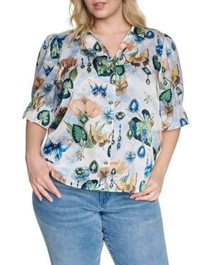 KARL LAGERFELD Printed Three-Quarter Sleeve Button Front Shirt - Blue