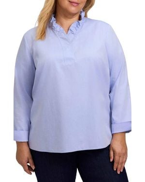 Foxcroft Tammy Ruffle Cotton Popover Top - Blue