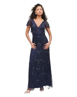 Beauut Occasion Embellished Sequin Beaded Deep V Neck Evening Maxi Dress - Blue