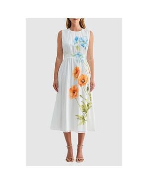 Mila + Mate Floral Print Cinched Waist Sleeveless Midi Dress - White
