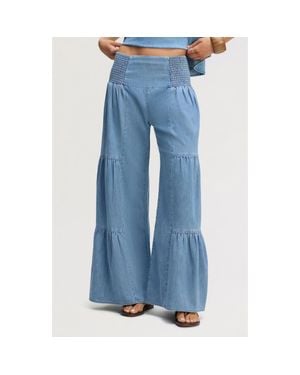 Sam Edelman Smocked Wide Leg Chambray Pants - Blue