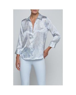 L'Agence Dani Lace Print Three-Quarter Sleeve Silk Button-Up Shirt - Blue