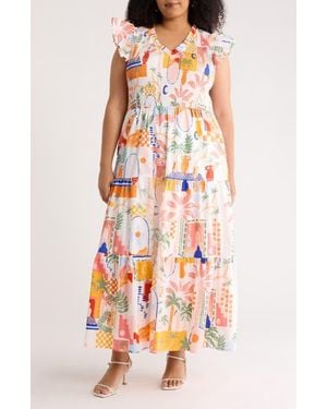 Sugarlips Petrolia Town Sunfire Smocked Bodice Tiered Cotton Midi Dress - White