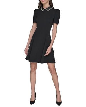 KARL LAGERFELD Faux Pearl Detail Crepe Fit & Flare Minidress - Black