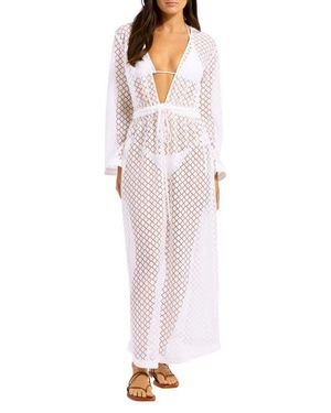 Seafolly Tie Belt Long Sleeve Sheer Lace Cover-Up Dress - White