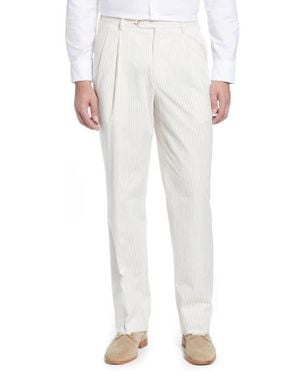 Berle Pleated Seersucker Cotton Dress Pants - White