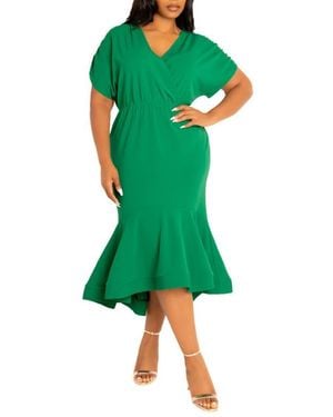Buxom Couture Wrap Front Flounce Hem High-Low Mermaid Midi Dress - Green