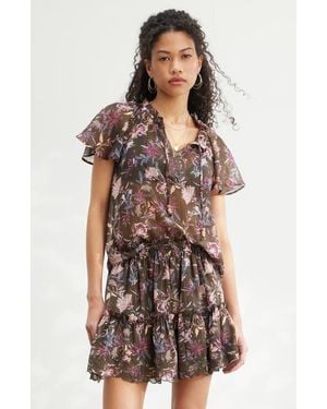 Treasure & Bond Floral Print Embroidered Chiffon Top - Brown
