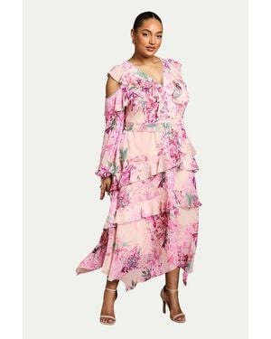Coast Shoulder Printed Ruffle Midi Dress - Pink