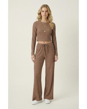 Modenaire Ribbed Long Sleeve Crop Top And Wide Leg Lounge Pants Set With Drawstring - Natural