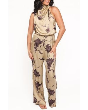 Petal & Pup Savannah Floral One-Shoulder Satin Jumpsuit - Natural