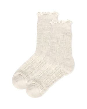 Memoi Heart Ruffle Cuff Cotton Blend Pointelle Crew Socks - Natural