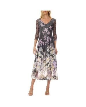 Komarov Floral Border Charmuese Dress With Lace Sleeves - Multicolor