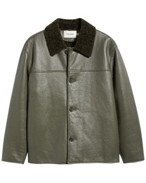 FRAME Leather Barn Jacket With Genuine Shearling Collar - Green