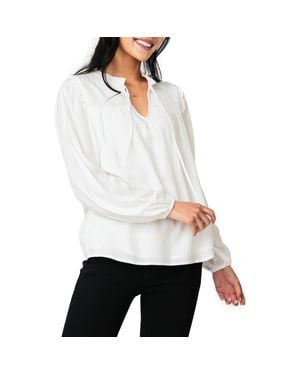 Gibsonlook Tie Neck Long Sleeve Smoked Yoke Blouse - White