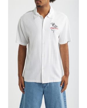 Saint Studio Flower Shadow Short Sleeve Slub Cotton Button-Up Shirt - White
