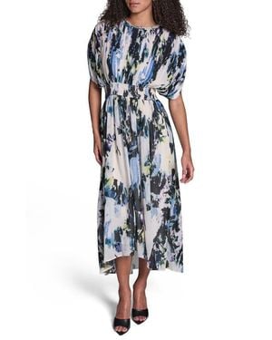 BCBGMAXAZRIA Abstract Print Plissé Chiffon Midi Dress - Blue