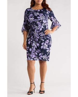 Connected Apparel Bell Sleeve Faux Wrap Dress - Blue