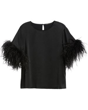 Kobi Halperin Feather Trim Short Sleeve Crepe Top - Black