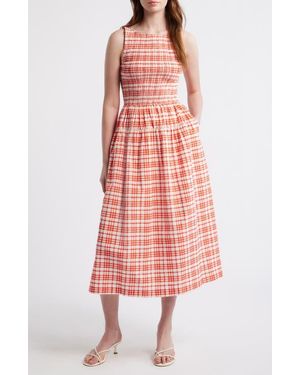 ZOE AND CLAIRE Smocked Plaid Sleeveless Midi Dress - Red