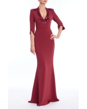 Badgley Mischka Embellished Deep V-Neck Mermaid Gown - Red