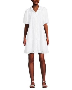 Lands' End Elbow Sleeve Eyelet Knee Length Shirt Dress - White