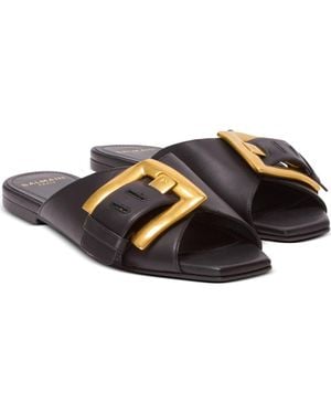 Balmain Anthem Flat Calfskin Leather Sandals - Black