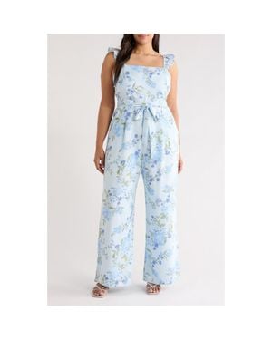 Sugarlips Dusty Floss Floral Flutter Sleeve Tie Belt Jumpsuit - Blue