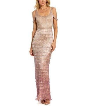 Mac Duggal Scoop Neck Embellished Fringe Gown - White