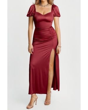 Popilush Shapewear Square Neck Slimming Sculpting Maxi Dress With Sleeves - Red