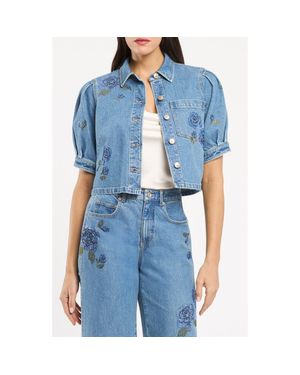 Cinq À Sept Halsie Heatset Sequin Roses Denim Crop Top - Blue