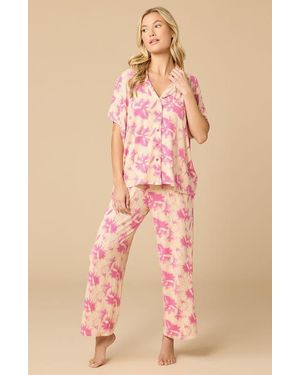 Softies Soft Sleep Caftan Top And Cropped Pant Pajama Set - Pink