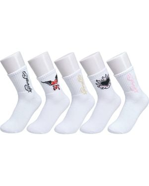 Ed Hardy Heart Flame Print Full Cushion Mid Crew Sock 5-Pack - White