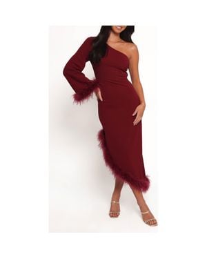 Petal & Pup Dame Feather Trim Single Long Sleeve Midi Cocktail Dress - Red