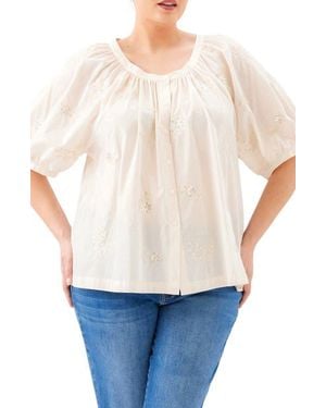 Karen Kane Floral Embroidered Button-Up Peasant Top - White
